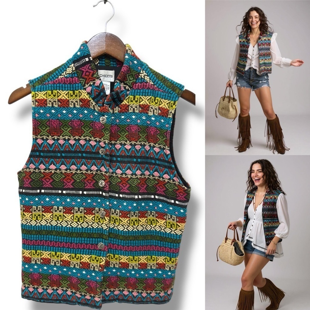 184 Chico's | EUC India Boho Vest - Blue Yellow Colorful Aztec Pattern (Size 1)